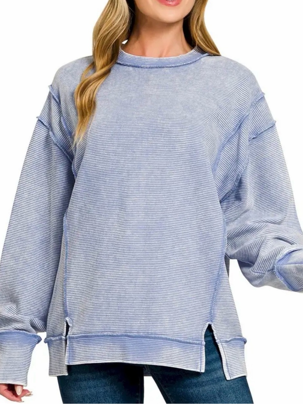 Zenana Outfitters Light Blue Ribbed Crewneck Top